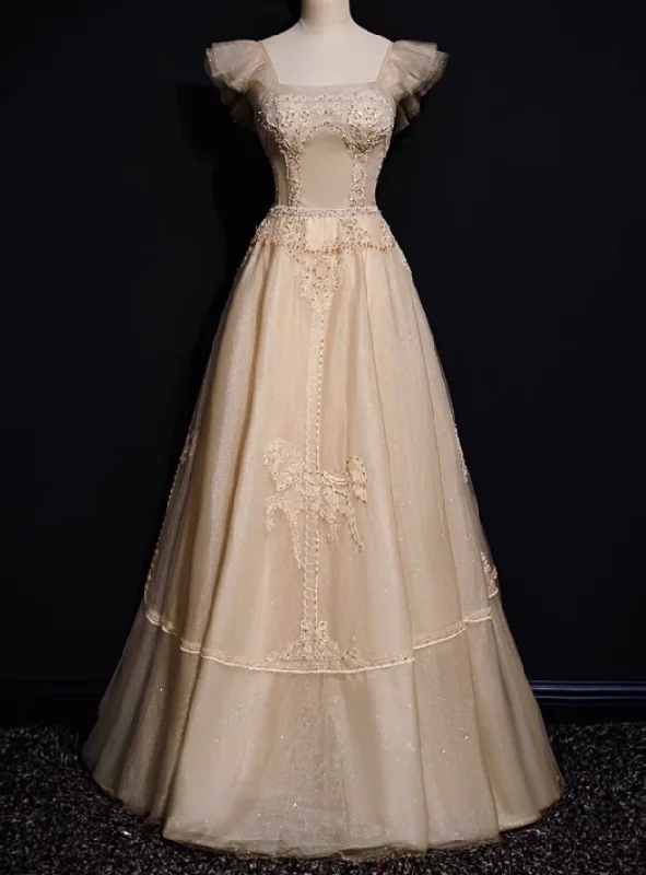 Champagne Tulle Beading Prom Dress