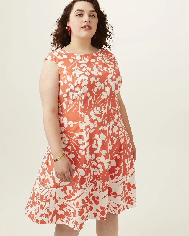 Ava Floral Print Fit and Flare Dress | Coral / White