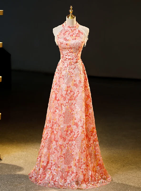 Pink Sequins High Neck Beading Prom Dress