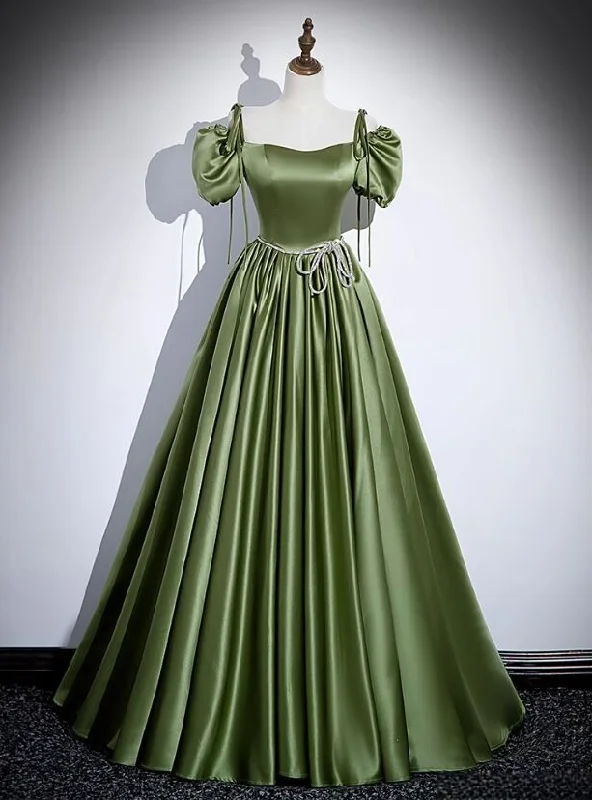 Green Satin Spaghetti Straps Puff Sleeve Prom Dress