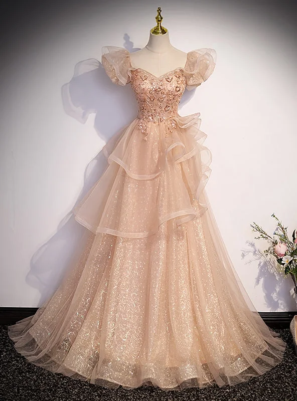 Champagne Tulle Sequins Beading Puff Sleeve Prom Dress