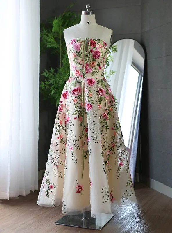 Champagne Tulle Strapless Embroidery Flower Prom Dress