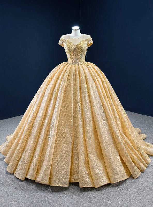 Gold Ball Gown Sequins Cap Sleeve Appliques Prom Dress