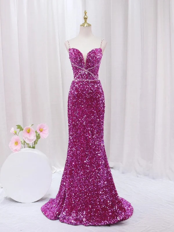 Fuchsia Sequins Spaghetti Straps Prom Dress
