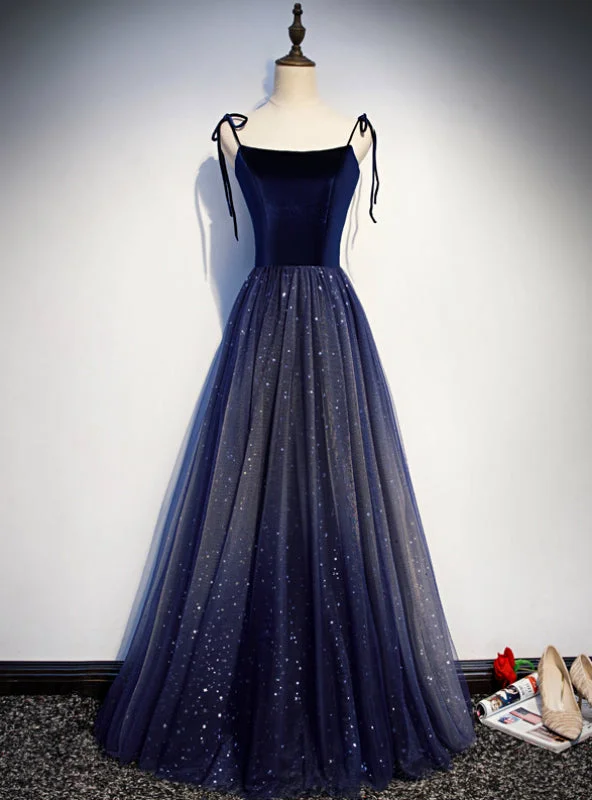 Navy Blue Tulle Spaghetti Straps Sequins Prom Dress