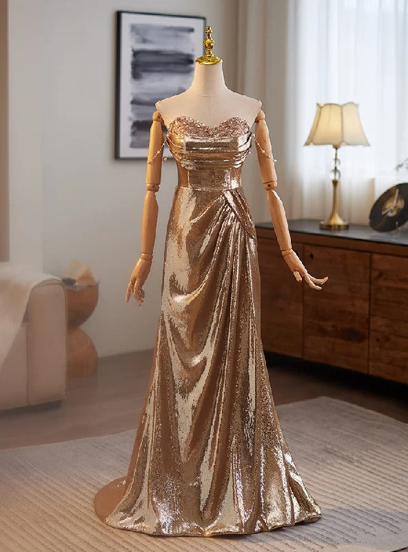 Gold Sequins Strapless Pleats Prom Dress