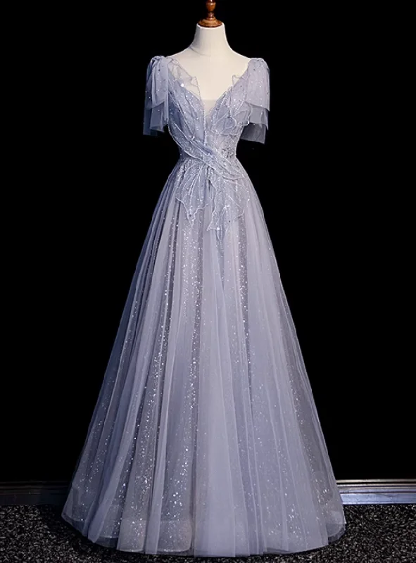Gray Tulle Sequins Beading V-neck Prom Dress