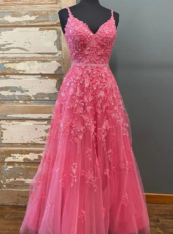 Hot Pink Tulle Beading Spaghetti Straps Prom Dress