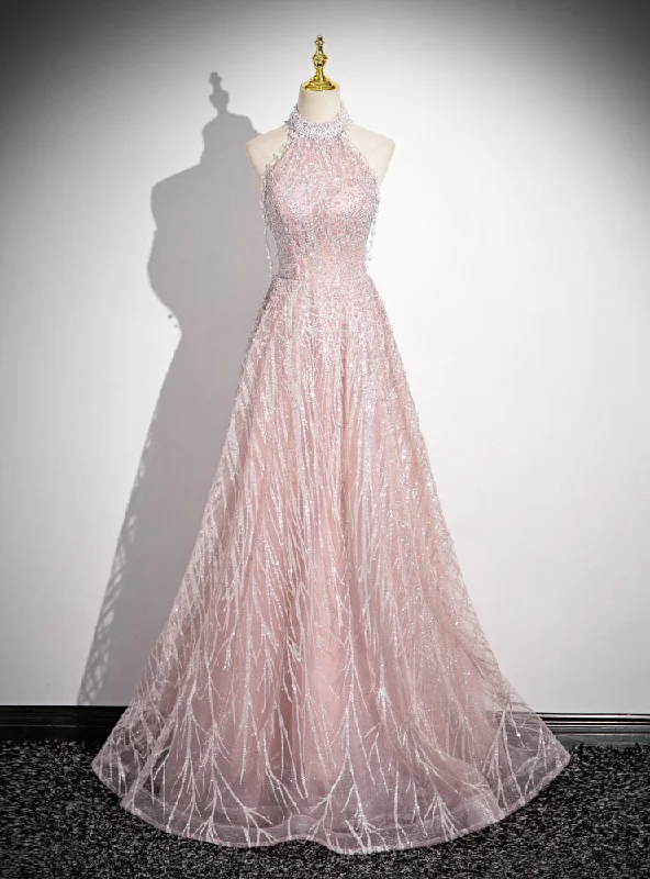 Pink Sequins Halter Backless Beading Prom Dress