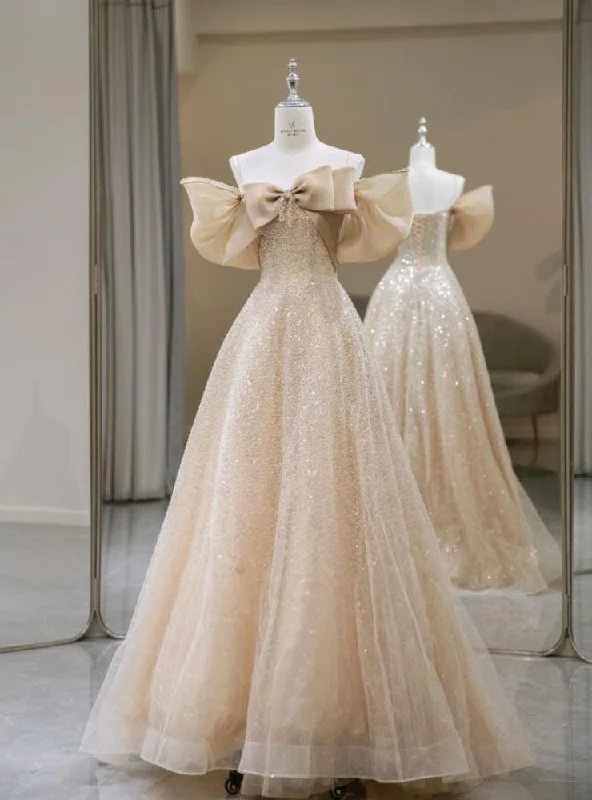 Champagne Sequins Off the Shoulder Bow Prom Dress