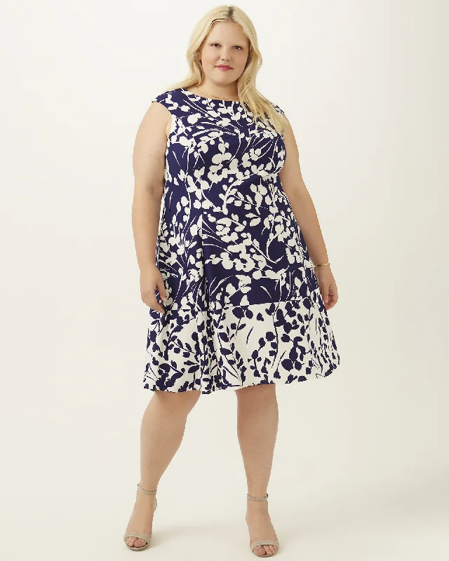 Ava Floral Print Fit and Flare Dress | Navy / White