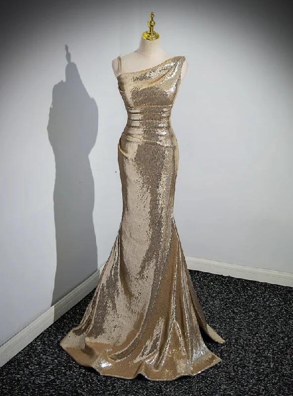 Gold Sequins Irregular Neck Pleats Prom Dress