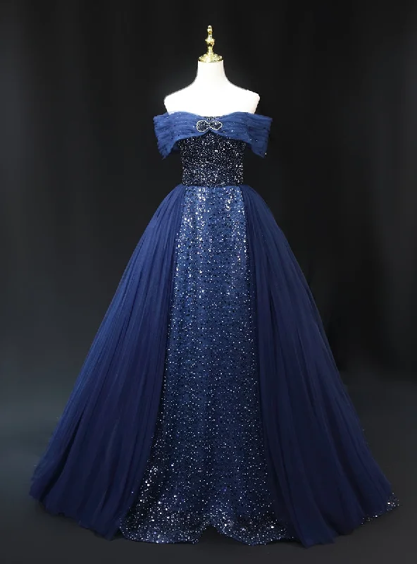 Navy Blue Tulle Sequins Off the Shoulder Beading Prom Dress