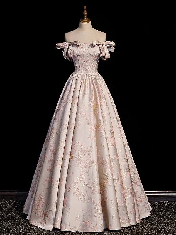 Pink Off the Shoulder Print Prom Dress