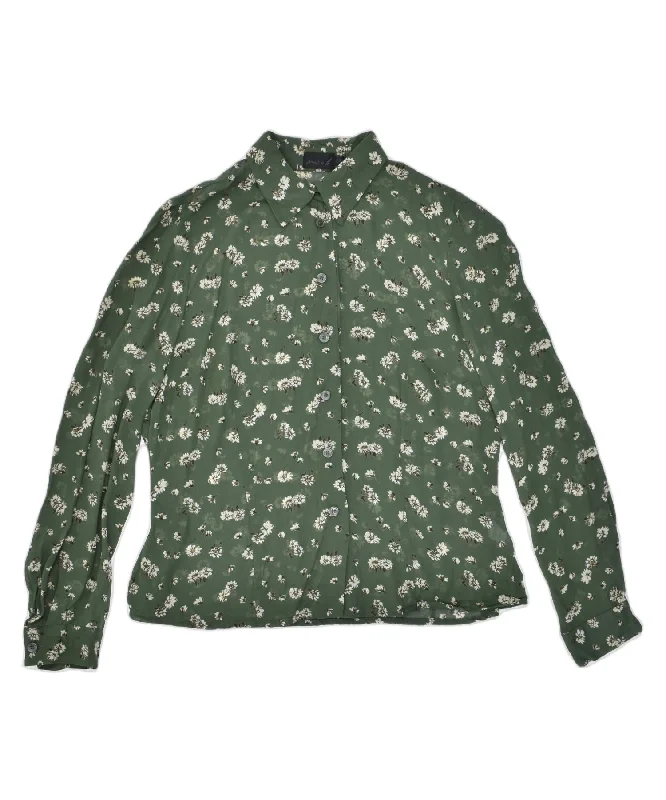 MISS H Womens Shirt Blouse EU 40 Medium Green Floral Viscose Cozy Striped Short Sleeve