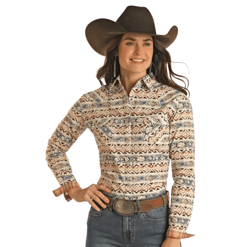 Panhandle Women's Southwestern Print Long Sleeve Western Snap Shirt RWN2S02817 Fashionable Button-Front Short Sleeve Panhandle Women's Southwestern Print Long Sleeve Western Snap Shirt RWN2S02817 Fashionable Button-Front Short Sleeve