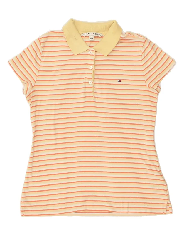 TOMMY HILFIGER Womens Polo Shirt UK 14 Large Beige Striped Cotton Stylish Casual Short Tee