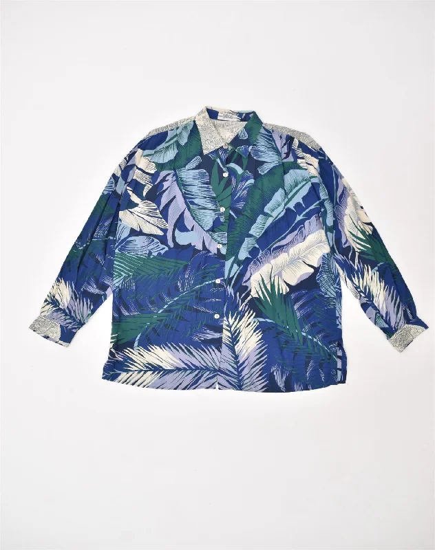 VINTAGE Womens Shirt Blouse UK 16 Large Blue Floral Viscose Stylish Short Sleeve Polo