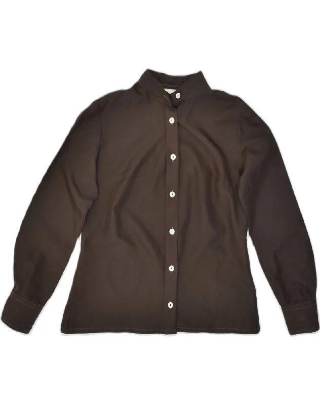 VINTAGE Womens Shirt UK 12 Medium Brown Polyester Classic Cropped Short Sleeve