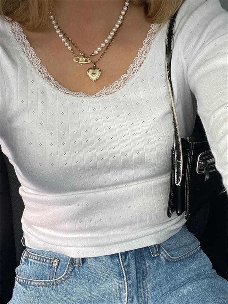 Fairycore Vintage Ribbed Knitted Cute White Casual T-shirts Front Pockets Side Pockets Patch Pockets Fairycore Vintage Ribbed Knitted Cute White Casual T-shirts Front Pockets Side Pockets Patch Pockets