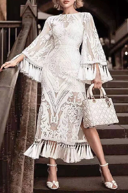 Floral Embroidery Lace Sophisticated Tassel Trim Midi Dress Elegant Faux Wrap Midi Dress Floral Embroidery Lace Sophisticated Tassel Trim Midi Dress Elegant Faux Wrap Midi Dress