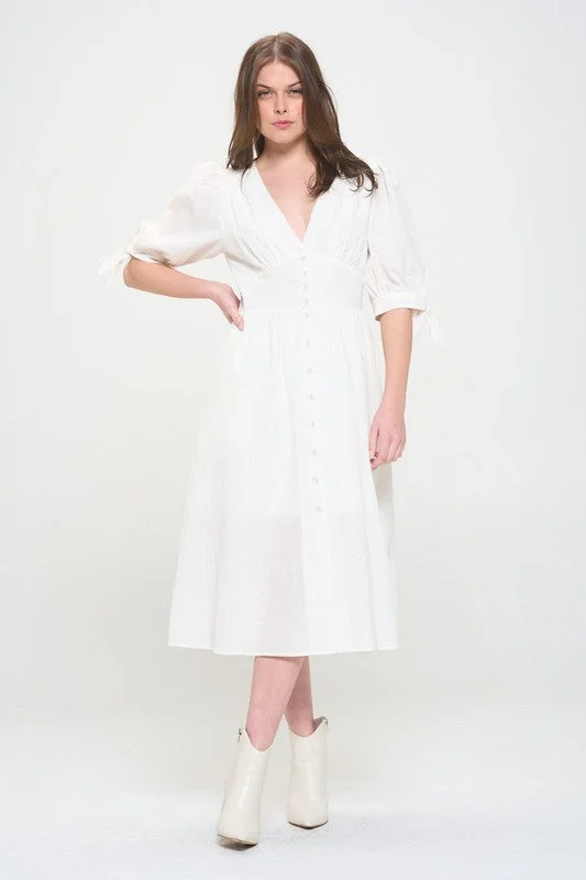 Puff Sleeve Button Down Midi Dress - Black, Off White - Plus Size Fashionable High-Neck Midi Dress Puff Sleeve Button Down Midi Dress - Black, Off White - Plus Size Fashionable High-Neck Midi Dress