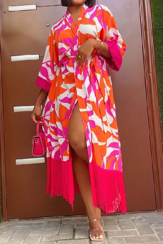 Splash Ink Print Relaxed Belted Tassel Midi Dress Stylish Button-Down Midi Dress