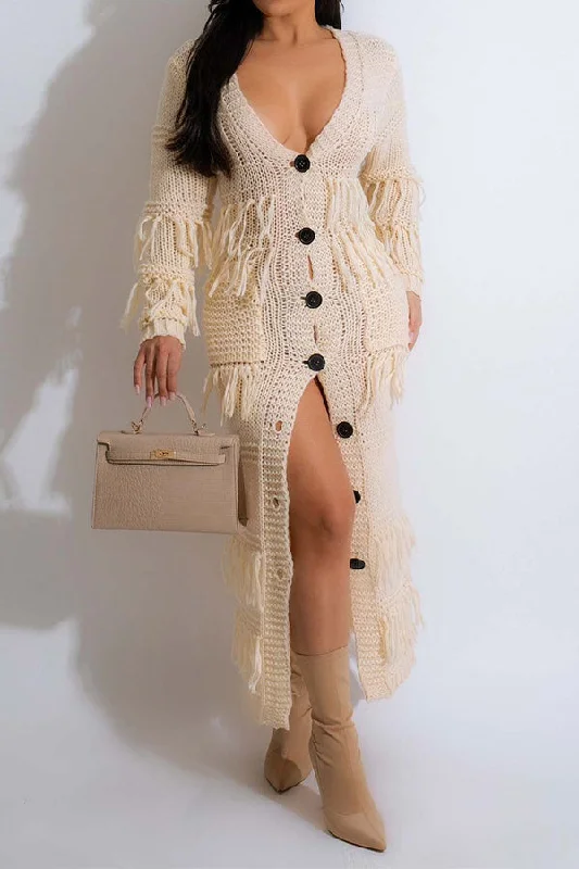 Tassel Patchwork Elegant Single Breasted Knitted Midi Dress Trendy Bodycon Midi Dress