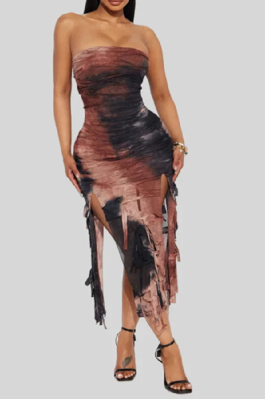 Tie Dye Strapless Flattering Tassel High Split Midi Dress Comfortable Adjustable Strap Midi Dress Tie Dye Strapless Flattering Tassel High Split Midi Dress Comfortable Adjustable Strap Midi Dress