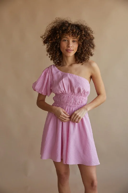 Charlotte One Shoulder Puff Sleeve Babydoll Mini Dress Trendy A-Line Mini Dress