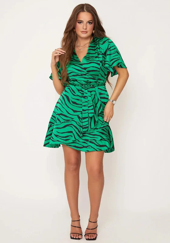 Girl In Mind Felicity Zebra Print Mini Dress, Green Fashionable Mini Dress with Slits Girl In Mind Felicity Zebra Print Mini Dress, Green Fashionable Mini Dress with Slits