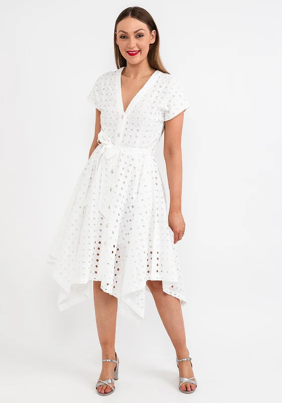 Jovonna Foro Embroidered Midi Dress, White Elegant Lace Trim Midi Dress