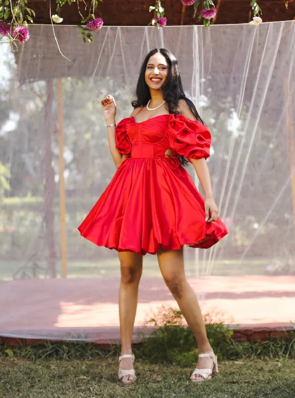 Juliet Red Satin Cutout Puff Corset Mini Dress Fashionable Mini Dress with Frills
