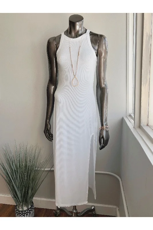 Ribbed Side Slit Midi Dress (2 COLORS) (FINAL SALE) Elegant Puff Sleeve Midi Dress