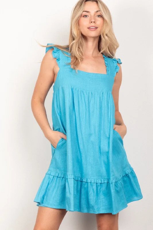 Ruffled Solid Linen Backless Mini Dress Comfortable Smocked Mini Dress