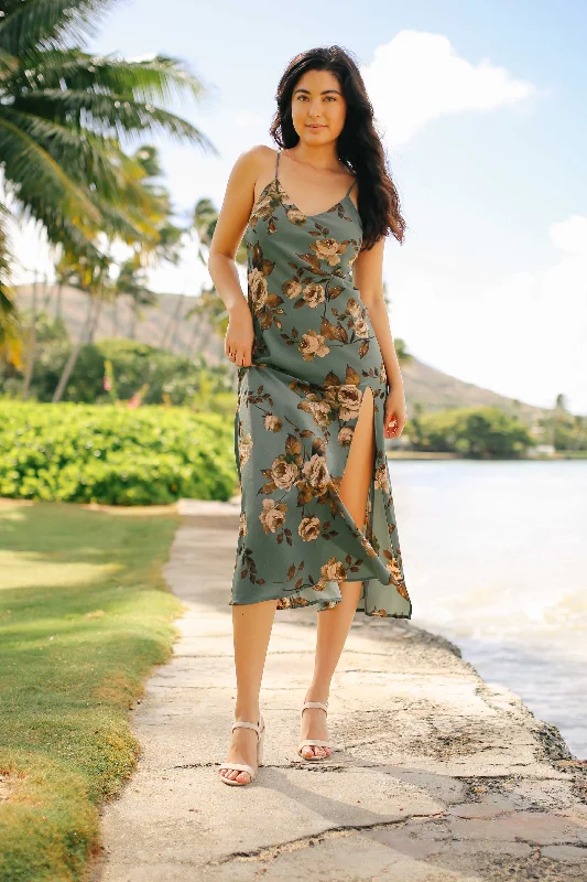 Vintage Floral Slit Midi Dress Comfortable Fit-and-Flare Midi Dress