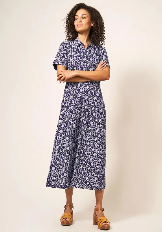 White Stuff Rua Print Jersey Midi Dress, Navy Comfortable Empire Waist Midi Dress