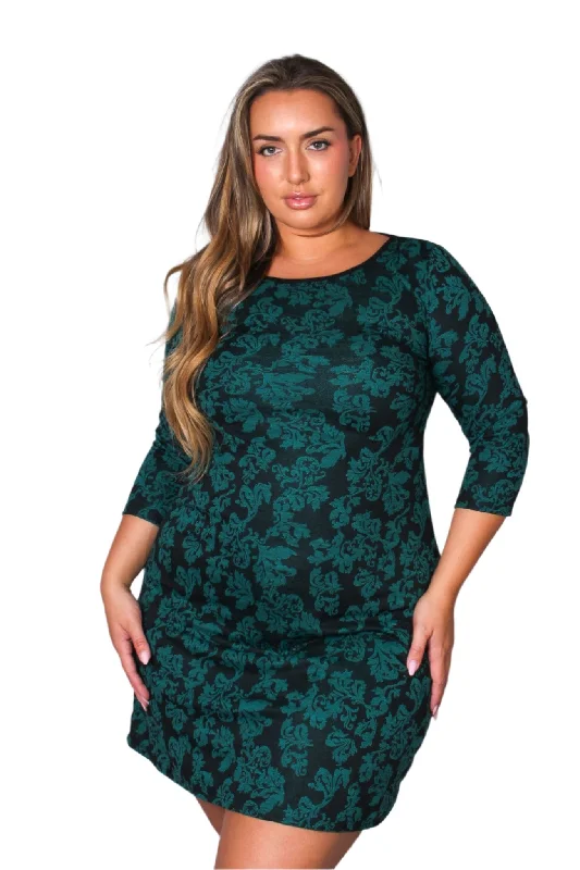 Women's Plus Long Sleeve Scoop Neck Embroidered Floral Midi Dress Trendy Fit-and-Flare Midi Dress