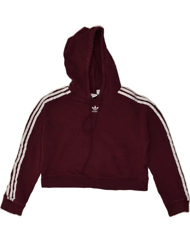 ADIDAS Womens Crop Hoodie Jumper UK 6 XS Burgundy Cotton Hoodie with Hem Embroidery Detailed Premium ADIDAS Womens Crop Hoodie Jumper UK 6 XS Burgundy Cotton Hoodie with Hem Embroidery Detailed Premium