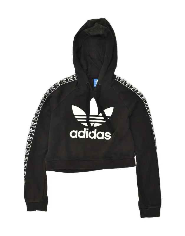 ADIDAS Womens Graphic Crop Hoodie Jumper UK 10 Small Black Cotton Hoodie with Tied Waist Feminine Flattering ADIDAS Womens Graphic Crop Hoodie Jumper UK 10 Small Black Cotton Hoodie with Tied Waist Feminine Flattering