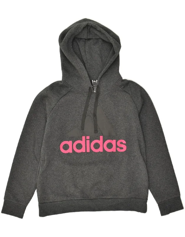 ADIDAS Womens Graphic Hoodie Jumper UK 16/18 Large Grey Cotton Hoodie with Applique Textured Unique