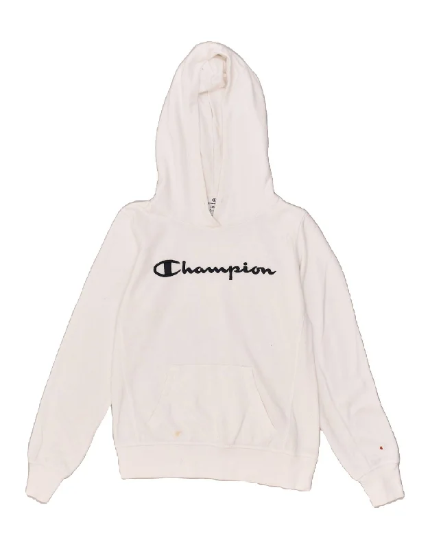 CHAMPION Womens Graphic Hoodie Jumper UK 10 Small White Cotton Hoodie Crop Top Short Trendy