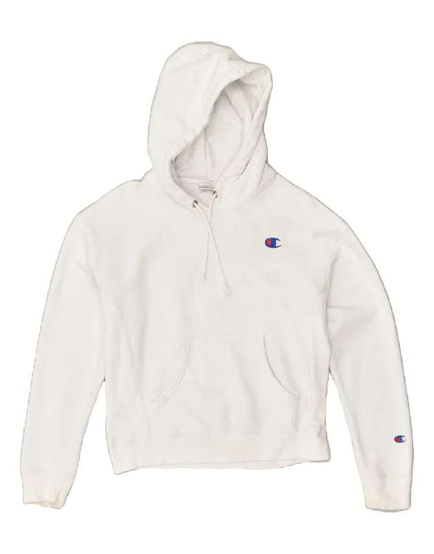 CHAMPION Womens Hoodie Jumper UK 10 Small White Cotton Hoodie with V-Neck Classic Versatile