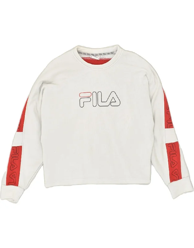 FILA Womens Graphic Sweatshirt Jumper UK 6 XS Grey Colourblock Cotton Hoodie with Belted Waist Structured Tailored