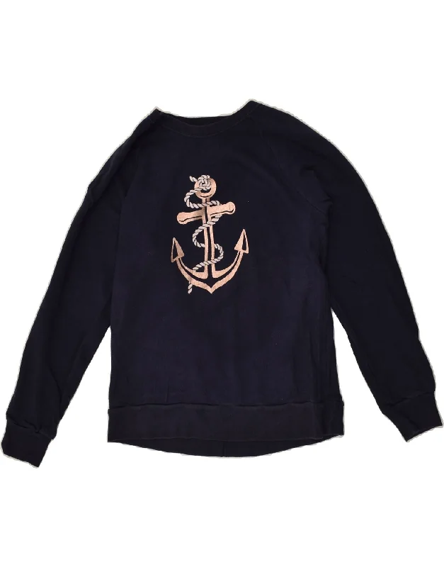 J. CREW Womens Graphic Sweatshirt Jumper UK 10 Small Navy Blue Cotton Hoodie with Hem Elastic Stretchable Comfortable J. CREW Womens Graphic Sweatshirt Jumper UK 10 Small Navy Blue Cotton Hoodie with Hem Elastic Stretchable Comfortable