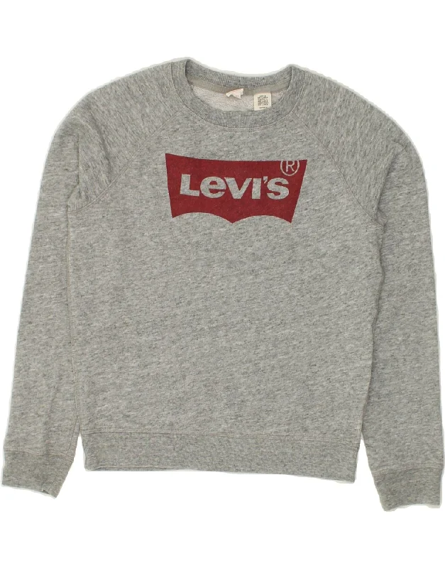 LEVI'S Womens Loose Fit Graphic Sweatshirt Jumper UK 6 XS Grey Cotton Hoodie with Emblem Brand Identity
