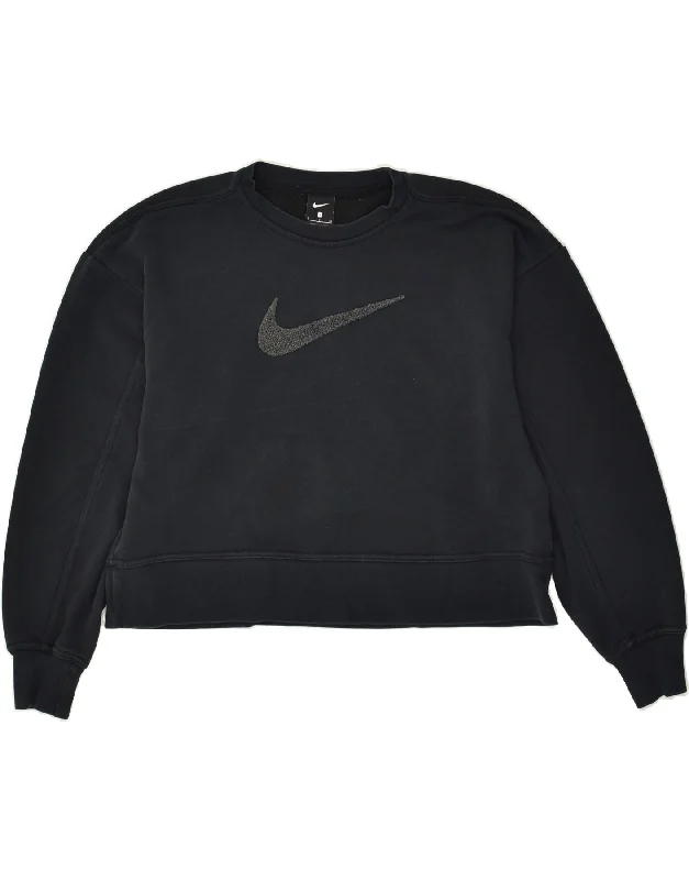 NIKE Womens Graphic Crop Sweatshirt Jumper UK 10 Small Black Cotton Hoodie with Side Slits Relaxed Casual NIKE Womens Graphic Crop Sweatshirt Jumper UK 10 Small Black Cotton Hoodie with Side Slits Relaxed Casual