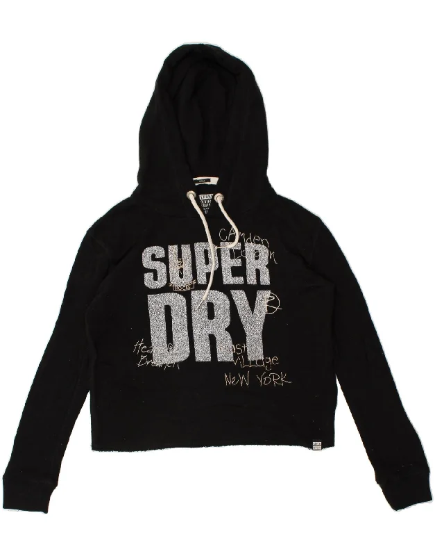 SUPERDRY Womens Graphic Hoodie Jumper UK 10 Small Black Cotton Hoodie with Raw Hem Edgy Unfinished SUPERDRY Womens Graphic Hoodie Jumper UK 10 Small Black Cotton Hoodie with Raw Hem Edgy Unfinished