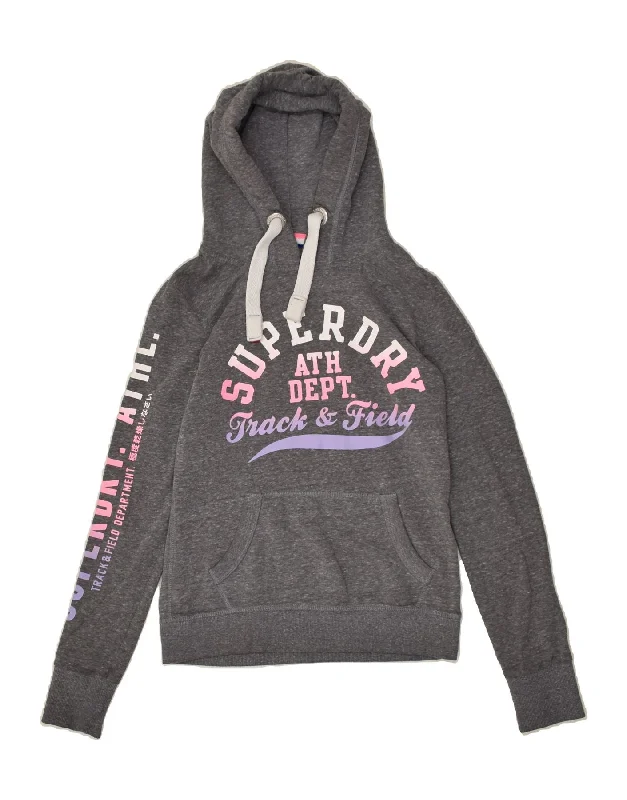 SUPERDRY Womens Graphic Hoodie Jumper UK 10 Small Grey Cotton Hoodie Sweatshirt Pullover SUPERDRY Womens Graphic Hoodie Jumper UK 10 Small Grey Cotton Hoodie Sweatshirt Pullover