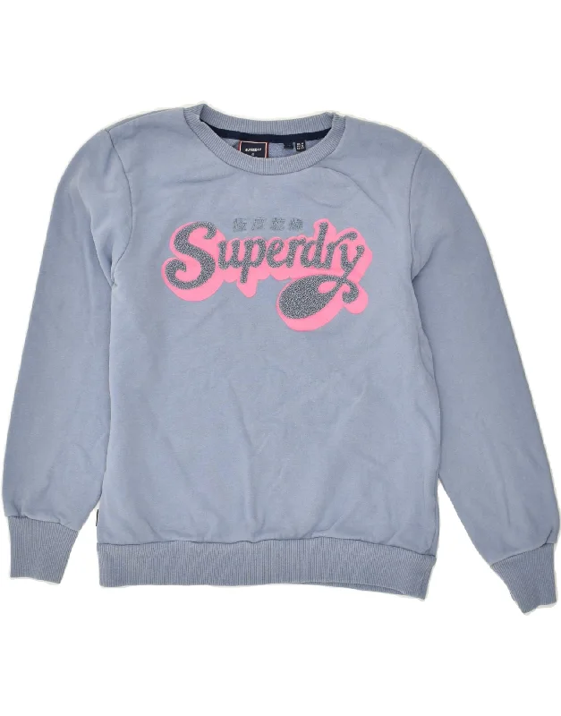 SUPERDRY Womens Graphic Sweatshirt Jumper UK 14 Large Blue Cotton Hoodie with Drawstring Waist Adjustable Fitted SUPERDRY Womens Graphic Sweatshirt Jumper UK 14 Large Blue Cotton Hoodie with Drawstring Waist Adjustable Fitted